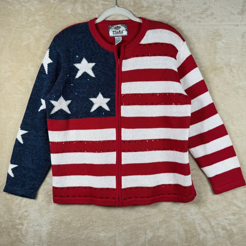 Tiara International American Flag Zip‎ Up Cardigan Sweater Sequin Stars Red L